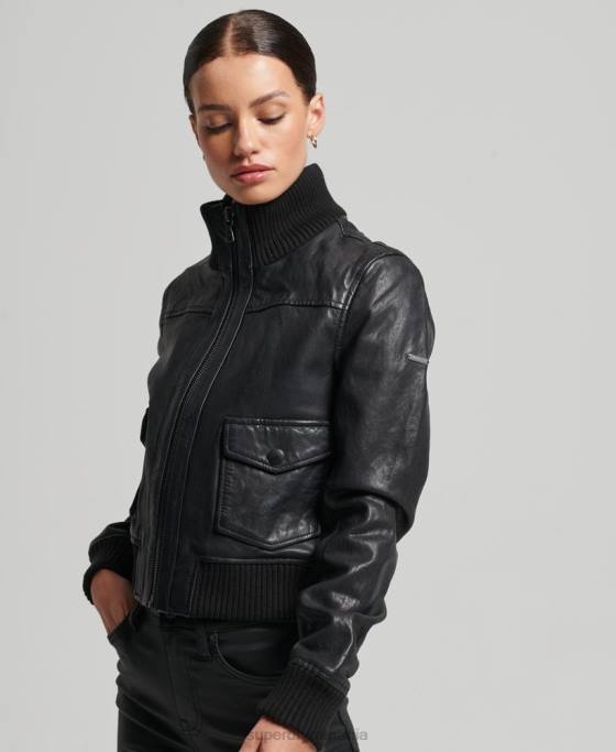 Superdry jachetă bomber din piele cu guler tricot îmbrăcăminte negru femei JX0Z3718