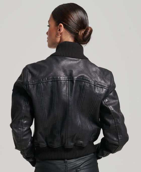 Superdry jachetă bomber din piele cu guler tricot îmbrăcăminte negru femei JX0Z3718