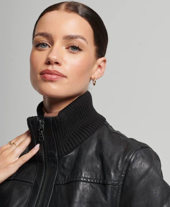 Superdry jachetă bomber din piele cu guler tricot îmbrăcăminte negru femei JX0Z3718