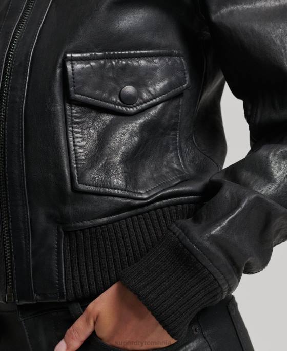 Superdry jachetă bomber din piele cu guler tricot îmbrăcăminte negru femei JX0Z3718