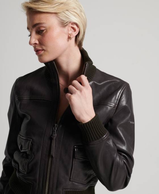 Superdry jachetă bomber din piele cu guler tricotat îmbrăcăminte maro femei JX0Z3672