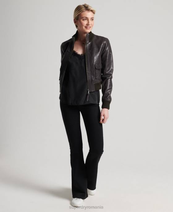 Superdry jachetă bomber din piele cu guler tricotat îmbrăcăminte maro femei JX0Z3672