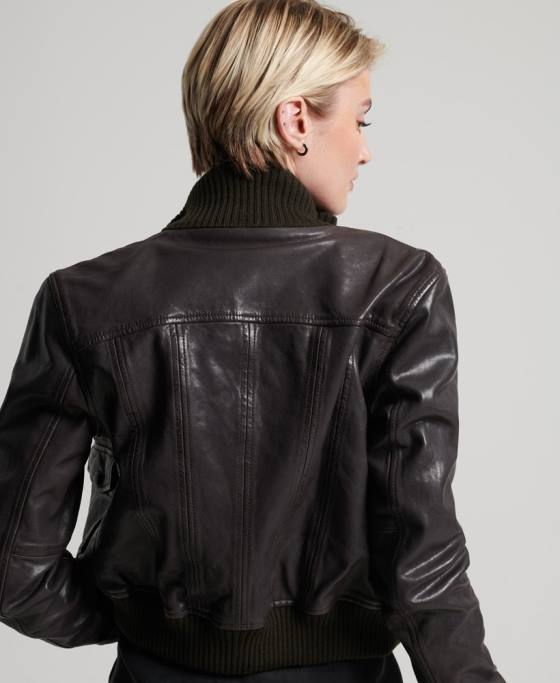 Superdry jachetă bomber din piele cu guler tricotat îmbrăcăminte maro femei JX0Z3672