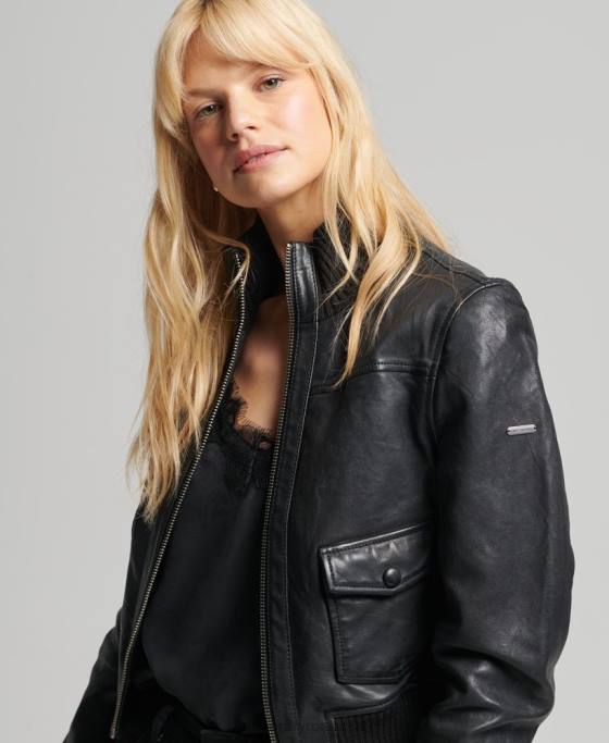 Superdry jachetă bomber din piele cu guler tricotat îmbrăcăminte negru femei JX0Z3719