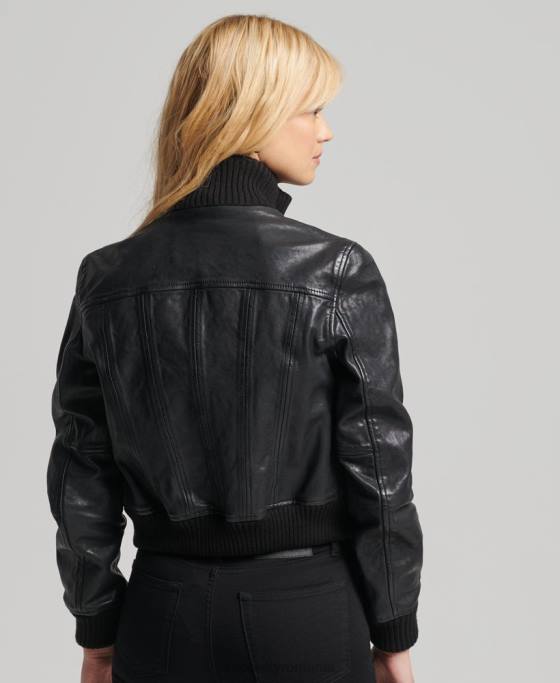 Superdry jachetă bomber din piele cu guler tricotat îmbrăcăminte negru femei JX0Z3719