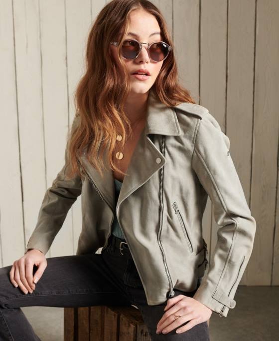 Superdry jachetă clasică de motociclist din piele intoarsa îmbrăcăminte cremă femei JX0Z5668