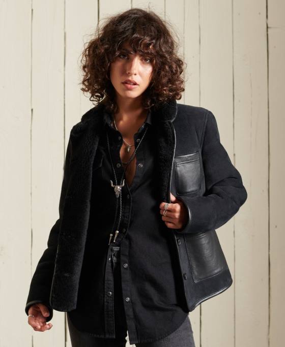 Superdry jachetă din shearling chore îmbrăcăminte negru femei JX0Z5546