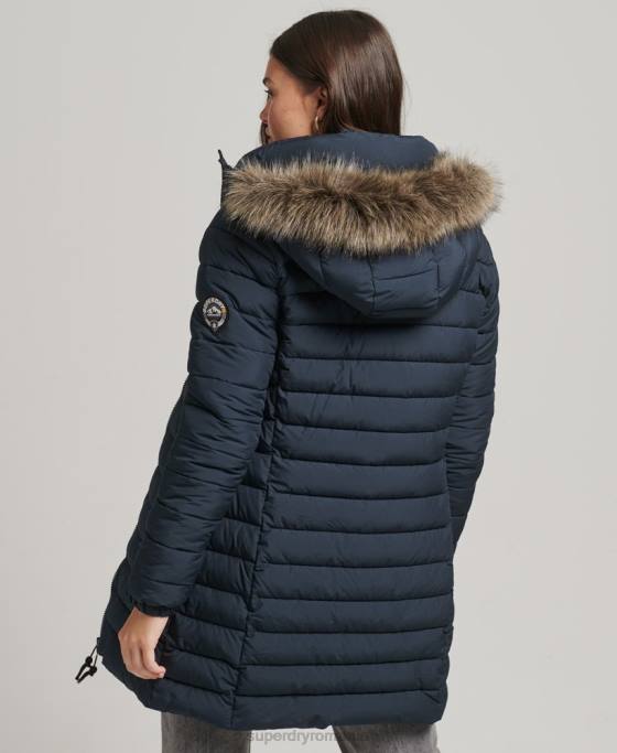 Superdry jachetă puf de lungime mijlocie cu glugă din blană artificială îmbrăcăminte marina femei JX0Z3605