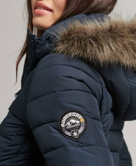 Superdry jachetă puf de lungime mijlocie cu glugă din blană artificială îmbrăcăminte marina femei JX0Z3605