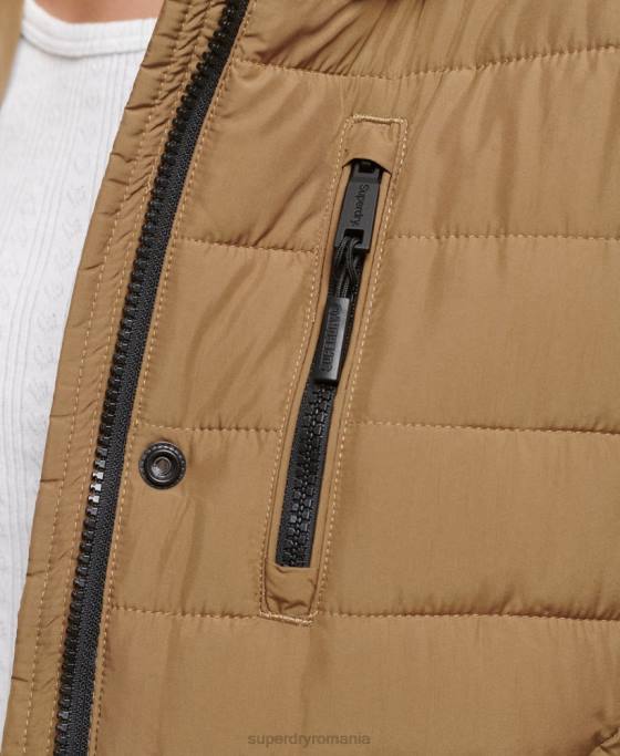 Superdry jachetă puf de lungime mijlocie cu glugă din blană artificială îmbrăcăminte maro femei JX0Z3748