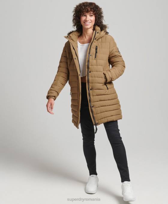 Superdry jachetă puf de lungime mijlocie cu glugă din blană artificială îmbrăcăminte maro femei JX0Z3748