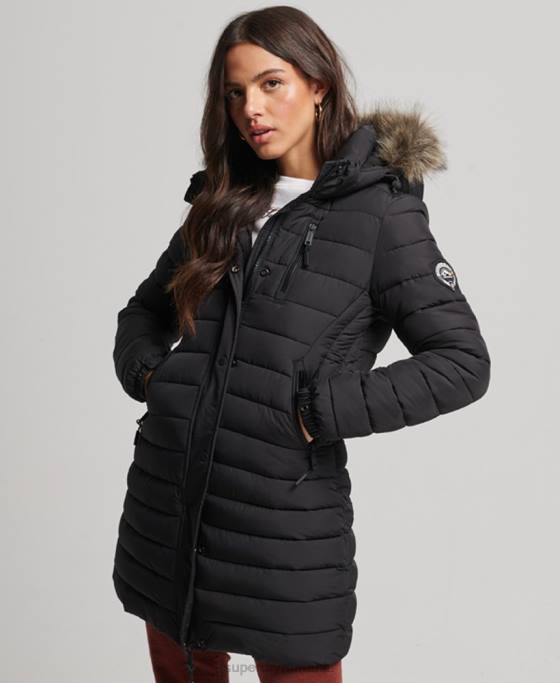 Superdry jachetă puf de lungime mijlocie cu glugă din blană artificială îmbrăcăminte negru femei JX0Z3550