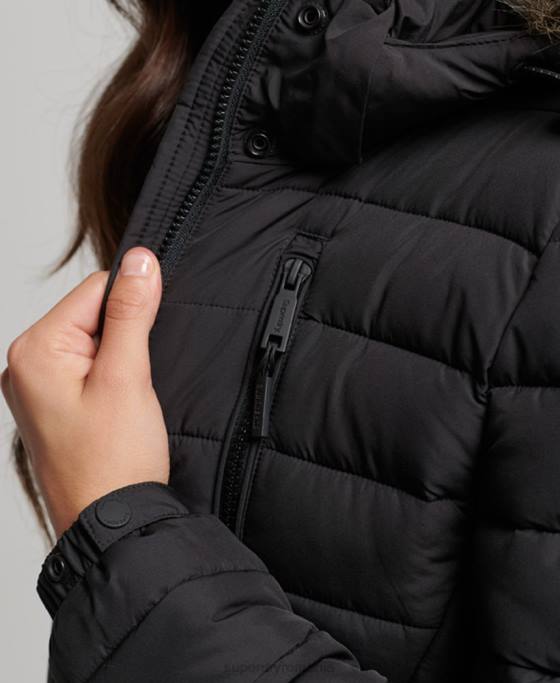 Superdry jachetă puf de lungime mijlocie cu glugă din blană artificială îmbrăcăminte negru femei JX0Z3550