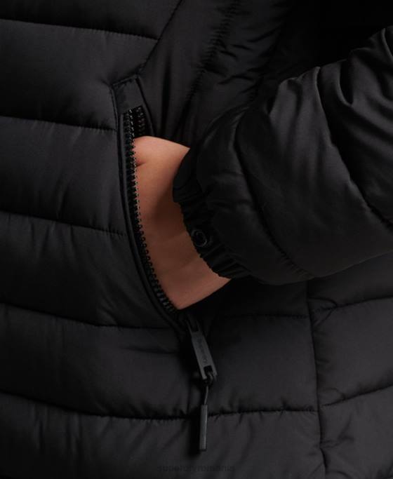Superdry jachetă puf de lungime mijlocie cu glugă din blană artificială îmbrăcăminte negru femei JX0Z3550