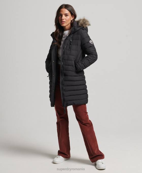 Superdry jachetă puf de lungime mijlocie cu glugă din blană artificială îmbrăcăminte negru femei JX0Z3550