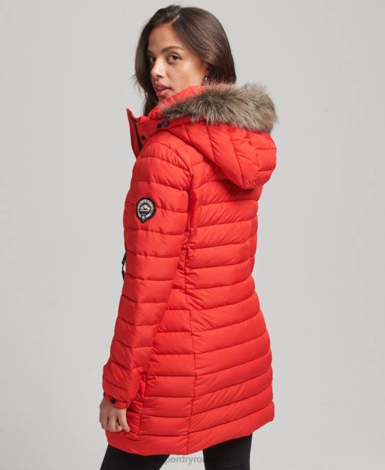 Superdry jachetă puf de lungime mijlocie cu glugă din blană artificială îmbrăcăminte roșu femei JX0Z3688