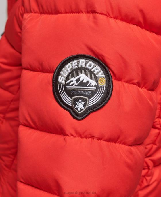 Superdry jachetă puf de lungime mijlocie cu glugă din blană artificială îmbrăcăminte roșu femei JX0Z3688