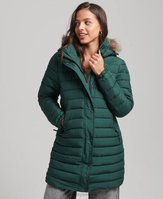 Superdry jachetă puf de lungime mijlocie cu glugă din blană artificială îmbrăcăminte verde femei JX0Z3636