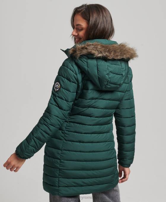 Superdry jachetă puf de lungime mijlocie cu glugă din blană artificială îmbrăcăminte verde femei JX0Z3636