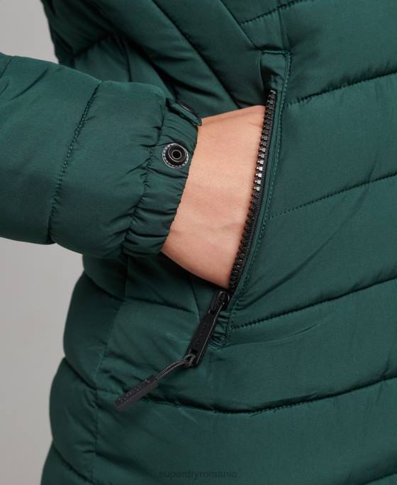 Superdry jachetă puf de lungime mijlocie cu glugă din blană artificială îmbrăcăminte verde femei JX0Z3636