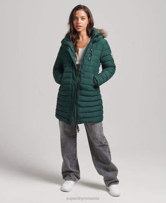 Superdry jachetă puf de lungime mijlocie cu glugă din blană artificială îmbrăcăminte verde femei JX0Z3636