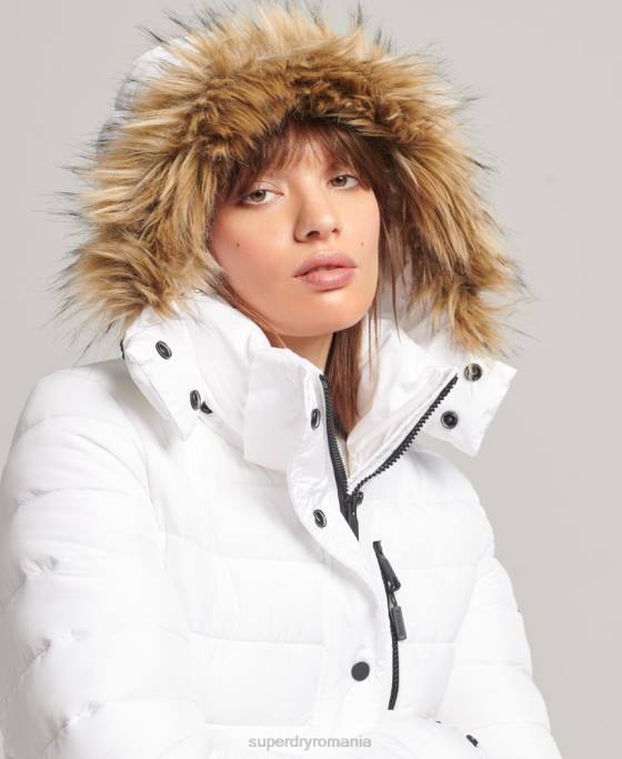 Superdry jachetă puf scurtă cu glugă din blană artificială îmbrăcăminte alb femei JX0Z3669
