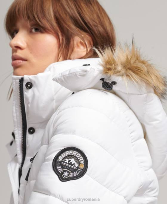 Superdry jachetă puf scurtă cu glugă din blană artificială îmbrăcăminte alb femei JX0Z3669