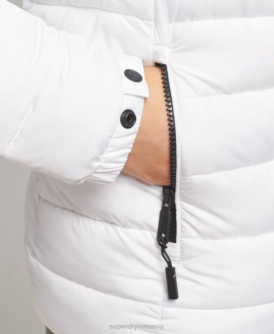 Superdry jachetă puf scurtă cu glugă din blană artificială îmbrăcăminte alb femei JX0Z3669