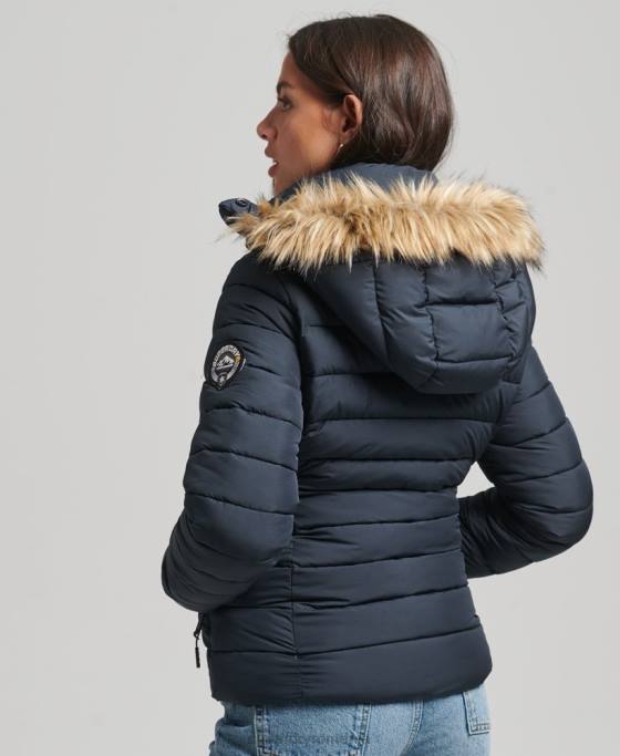 Superdry jachetă puf scurtă cu glugă din blană artificială îmbrăcăminte marina femei JX0Z3640