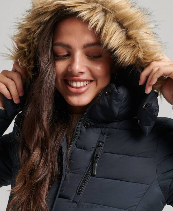 Superdry jachetă puf scurtă cu glugă din blană artificială îmbrăcăminte marina femei JX0Z3640