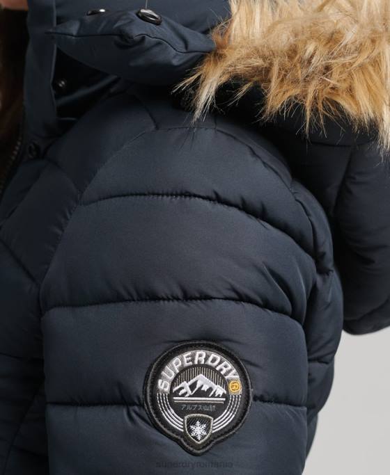 Superdry jachetă puf scurtă cu glugă din blană artificială îmbrăcăminte marina femei JX0Z3640