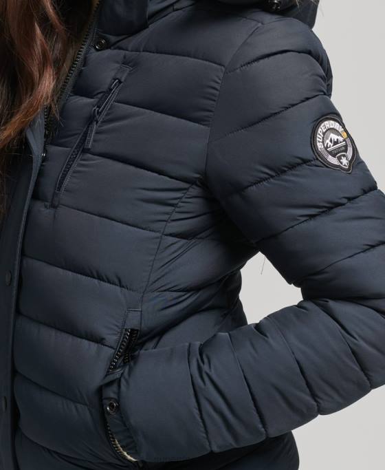 Superdry jachetă puf scurtă cu glugă din blană artificială îmbrăcăminte marina femei JX0Z3640
