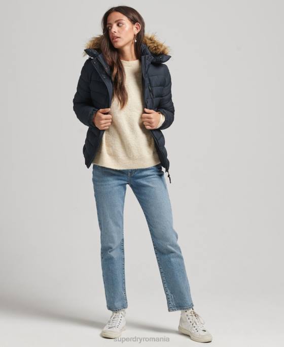 Superdry jachetă puf scurtă cu glugă din blană artificială îmbrăcăminte marina femei JX0Z3640