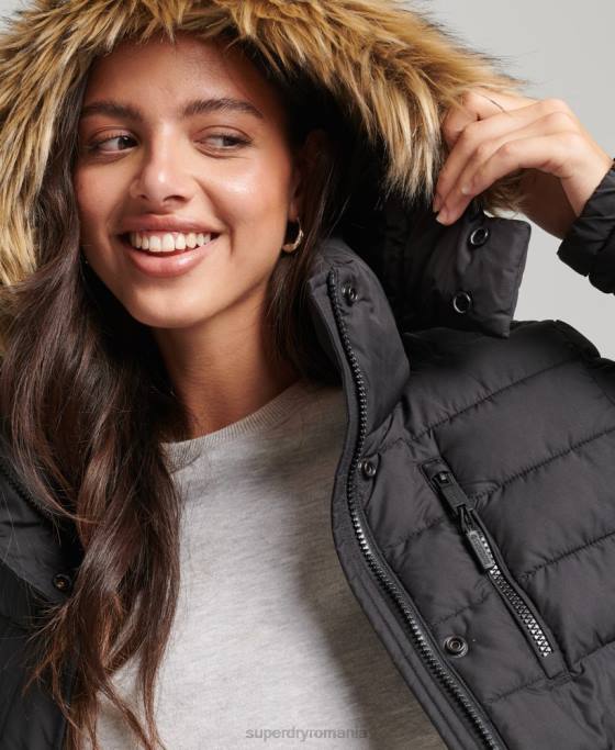Superdry jachetă puf scurtă cu glugă din blană artificială îmbrăcăminte negru femei JX0Z3630