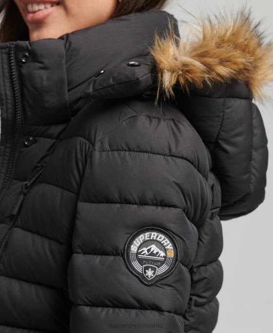 Superdry jachetă puf scurtă cu glugă din blană artificială îmbrăcăminte negru femei JX0Z3630