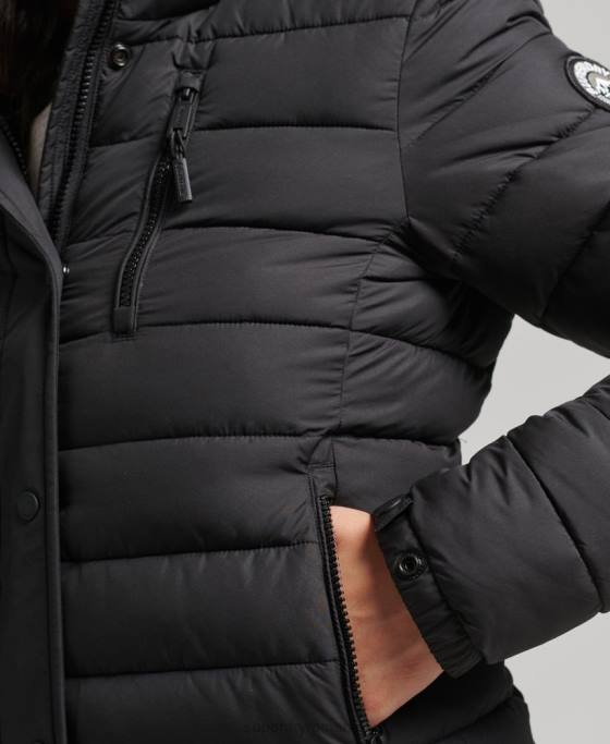 Superdry jachetă puf scurtă cu glugă din blană artificială îmbrăcăminte negru femei JX0Z3630