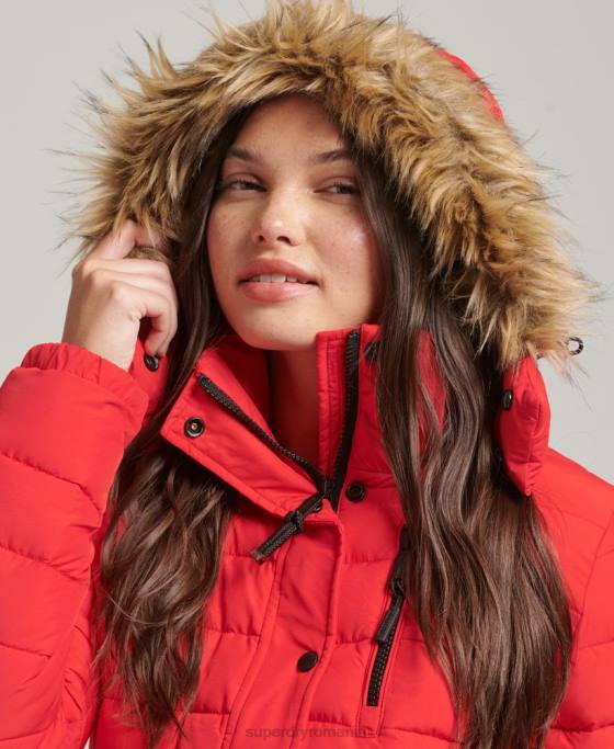 Superdry jachetă puf scurtă cu glugă din blană artificială îmbrăcăminte roșu femei JX0Z5571