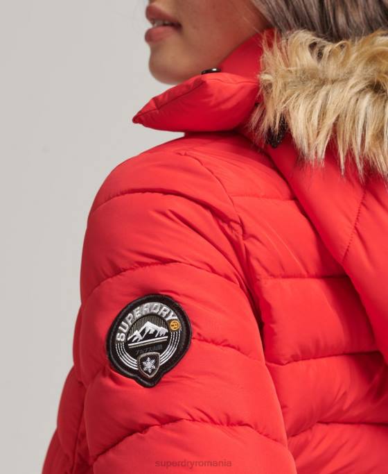 Superdry jachetă puf scurtă cu glugă din blană artificială îmbrăcăminte roșu femei JX0Z5571