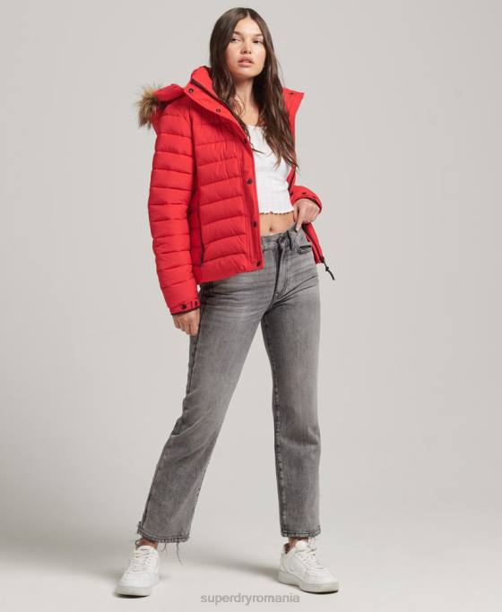 Superdry jachetă puf scurtă cu glugă din blană artificială îmbrăcăminte roșu femei JX0Z5571