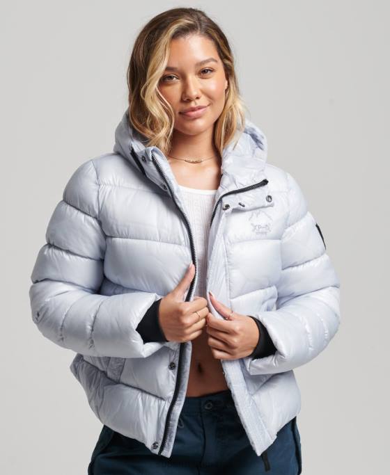 Superdry jachetă puf sport lucioasă cu glugă îmbrăcăminte albastru deschis femei JX0Z3690