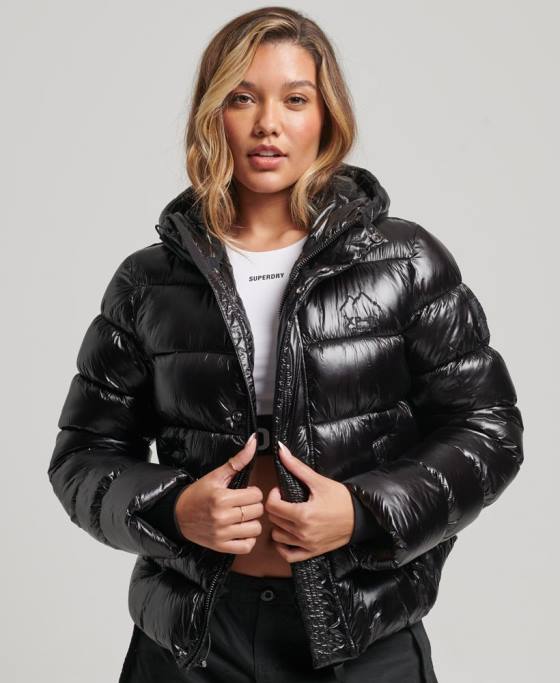 Superdry jachetă puf sport lucioasă cu glugă îmbrăcăminte negru femei JX0Z3634