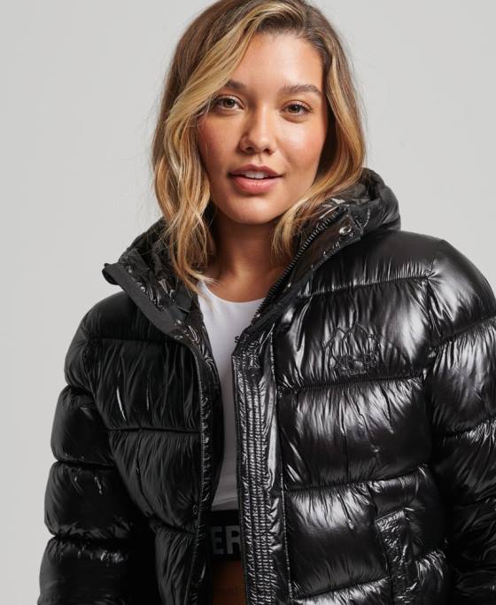 Superdry jachetă puf sport lucioasă cu glugă îmbrăcăminte negru femei JX0Z3634