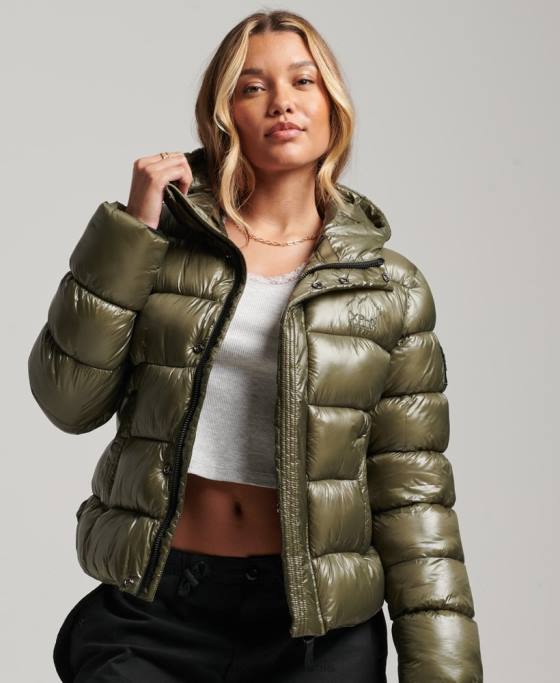 Superdry jachetă puf sport lucioasă cu glugă îmbrăcăminte verde femei JX0Z3691