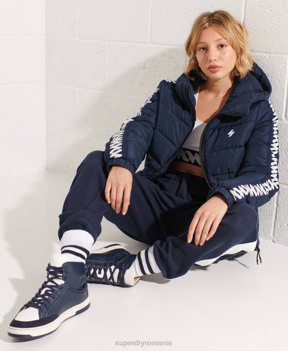 Superdry jachetă pufă cu bandă cu logo cod îmbrăcăminte marina femei JX0Z5586