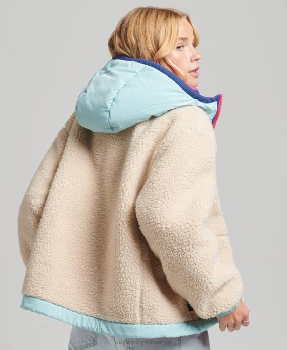 Superdry jachetă sherpa cu glugă îmbrăcăminte cremă femei JX0Z3788
