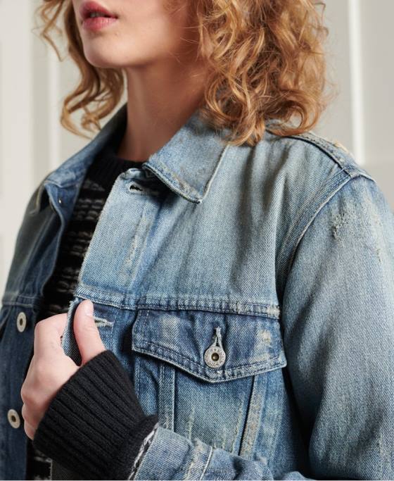 Superdry jachetă trucker japoneză uscată ediție limitată îmbrăcăminte albastru deschis femei JX0Z3841