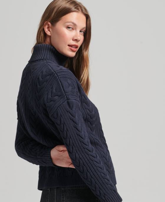 Superdry jumper cu gât rulat cu cablu pe umăr îmbrăcăminte marina femei JX0Z3985