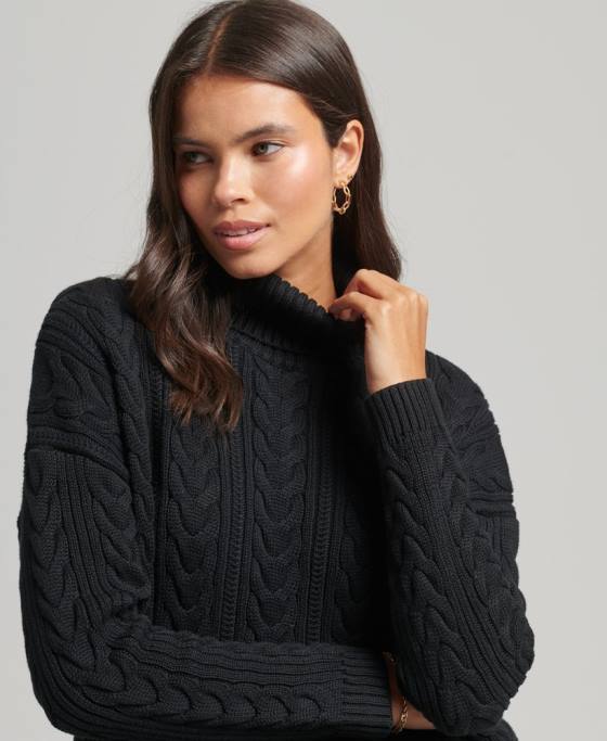 Superdry jumper cu gât rulat cu cablu pe umăr îmbrăcăminte negru femei JX0Z4001