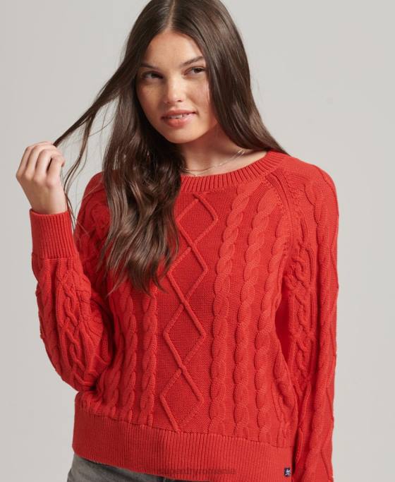 Superdry jumper pentru echipaj cu cablu din bumbac îmbrăcăminte roșu femei JX0Z4038