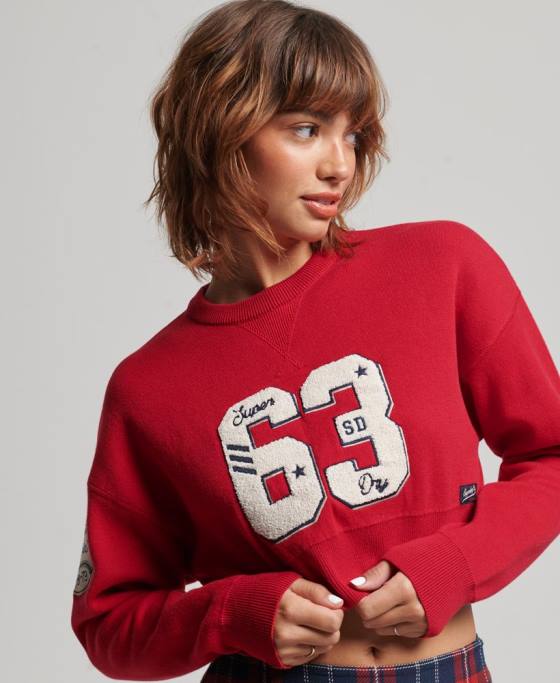 Superdry jumper pentru echipajul varsity crop îmbrăcăminte roșu femei JX0Z3950